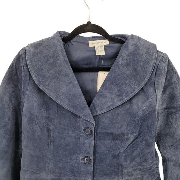 Vintage Suede Leather Scalloped Bell Cropped Blazer Jacket 12 Blue Shawl Peplum - Picture 4 of 11